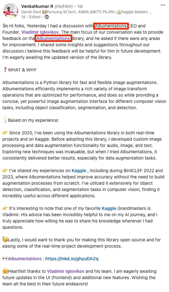 Testimonial from Venkatkumar R, Generative AI Developer