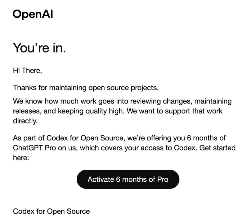 Approval email — "You're in. 6 months of ChatGPT Pro."
