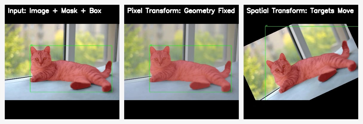 Image, mask, and bbox synchronization under pixel vs spatial transforms